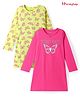 Honeyhap Premium Cotton Knit With Bio Finish Full Sleeves Nighties With Butterfly Print Pack of 2 - Wild Lime & Fandango Pink