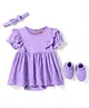 Babyhug 100% Cotton Knit Half Puffed Sleeves Frock Style Onesie with Headband Booties & Schiffli Detailing - Lavender