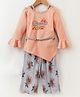 Enfance Full Bell Sleeves Floral Applique Typography Embroidered Top With Palazzo & Belt - Peach