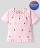 Bonfino 100% Cotton Knit Half Raglan Sleeves T-Shirt with Ice Cream Embrioidery & Frill Detailing - Pink
