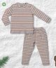Pranava 100% Organic Cotton Full Sleeves Striped Tee With Coordinating Pant Set - Pink Brown & Grey