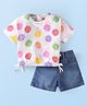 Babyhug Single Jersey Knit Half Sleeves Pineapple Printed Top & Solid Denim Shorts Set - White & Blue