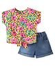 Babyhug Single Jersey Knit Half Sleeves Floral Printed Top & Solid Denim Shorts Set - Yellow & Blue
