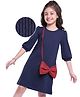 Hola Bonita  Knit Three Fourth Puffed Sleeves Solid In Rib Dress with Sling - Navy Blue
