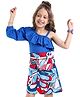 OLLINGTON ST. Cotton Knit One Shoulder Full Sleeves Top with Frill & Printed Skirt - Blue