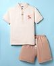 Pepito Cotton Woven Half Sleeves T-Shirt & Shorts Set With Cat Print - Off White