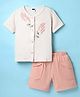 Pepito Cotton Woven Half Sleeves Front Open T-Shirt & Shorts Set With Leaf Embroidery - White & Peach