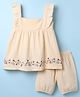 Pepito Cotton Woven Frill Sleeves Top & Shorts Set With Floral Embroidery - Peach