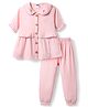 Pepito Cotton Woven Half Sleeves Peter Pan Collar Top & Lounge Pant Set With Floral Embroidery - Pink
