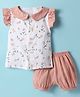 Pepito Cotton Woven Frill Sleeves Top & Shorts Set with Floral Print - Pink & White
