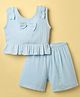 Pepito Cotton Woven Sleeveless Solid Top & Shorts Set With Bow Applique - Light Blue