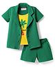 Kookie Kids Half Sleeves Rib Collared Shirt & Shorts Set With Printed T-Shirt - Green
