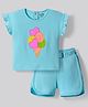 Bonfino 100% Cotton Knit Frill Sleeves Top & Shorts Set with Ice Cream & Hearts 3D Embroidery - Light Blue