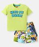 Babyhug Knitted Half Sleeves T-shirt & Dino Printed Shorts Set With Suspender - Light Green
