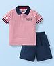 Babyhug Single Jersey Knit Half Sleeves Polo T-Shirt & Shorts Set with Stripes - Navy Blue & Red