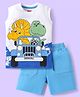 Babyhug Single Jersey Knit Sleeveless Tank T-Shirt & Shorts Set With Dino Print - White & Blue