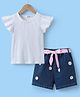 Mark & Mia Frill Sleeves Solid Color Top & Denim Shorts Set with Floral Embroidery & Fabric Belt - White & Blue