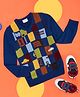 Pantaloons Junior Full Sleeves Checked & Cars Designed Sweater - Blue