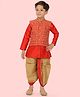 ETHNIKS NEURON Full Sleeves Solid Kurta & Dhoti With Jacquard Ethnic Jacket Set - Red