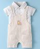 Child World Interlock Knit Half Sleeves Shirt & Checkered Dungaree Style Romper with Rail Engine Embroidery - Beige