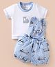 Child World Interlock Knit Half Sleeves T-Shirt & Shorts Set with Railway Print & Embroidery - Light Blue