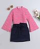 Taffykids Cotton Full Bell Sleeves Floral Printed High Neck Crop Top & Skirt Set - Pink & Navy Blue