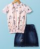 Enfance Half Sleeves Floral Printed Top With Mild Washed Denim Skirt - Peach