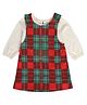 MINI KLUB Cotton Checked & Sequins Embellished Pinafore Dress With Full Puffed Sleeves Top - White Red & Green