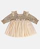 MINI KLUB Cotton Full Puffed Sleeves Sequins Embellished Bow Applique Detailed Glitter Printed Dress - Beige