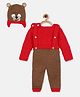 MayRa Knits Colour Blocked & Bear Designed Crotcheted Sweater Set - Red & Brown