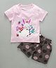 Honey Hut Rabbit Printed Tee & Shorts Set - Pink & Brown