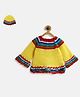 MayRa Knits Woolen Full Bell Sleeves Hand Knitted Colour Blocked Crotcheted Dress With Cap Set - Yellow