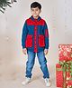 Kiddopanti Fleece Full Sleeves Bellow Cargo Pocket Hooded Sweatshirt With Jeans - Teal Blue & Red & Blue