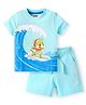 Babyhug Single Jersey Knit Half Sleeves T-Shirt & Shorts Set With Tiger Print - Light Blue