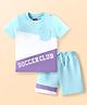Babyhug Single Jersey Knit Half Sleeves T-Shirt & Shorts Set With Cut & Sew Design & Text Print - Light Blue White & Purple