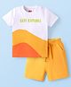Babyhug Single Jersey Knit Half Sleeves T-Shirt & Shorts Set With Text Print & Color Block Design - White & Orange
