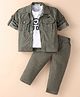 JASH KIDS Cotton Knit Full Sleeves Textured Shirt & Trouser Set with Text Printed T-Shirt - Olive Green