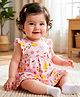 Babyoye Interlock Knit Frill Sleeves Floral & Animal Printed Frock With Bow Applique & Bloomer - Pink
