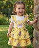 Babyoye Interlock Knit Half Sleeves Top & Skirt Set With Floral Print & Embroidery - White & Yellow