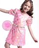 Hola Bonita Mesh Knit Half Puffed Sleeves Dress with Butterfly & Floral Applique - Pink