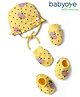 Babyoye Interlock Knit Cap Mittens & Booties Set With Polka Dots & Floral Print Yellow - Diameter 19 cm