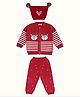 Greendeer 100% Cotton Christmas Theme Full Sleeves Reindeer Designed & Striped Sweater & Pant With Cap Set - Red