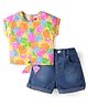 Babyhug Single Jersey Knit Half Sleeves Tropical Theme Printed Top & Solid Denim Shorts Set - Yellow & Blue