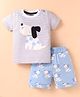 Mini Taurus Cotton Knit Half Sleeves T-Shirt & Shorts Set With Dog Print & Applique - Light Blue