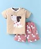 Mini Taurus Cotton Knit Half Sleeves T-Shirt & Shorts Set With Dog Print & Applique - Light Red