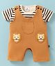 Mini Taurus Cotton Knit Dungaree Style Romper & Half Sleeves T-Shirt With Stripes & Animal Embroidery  - Mustard & White