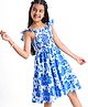 Pine Kids Cotton Woven Frilled Sleeves Frocks with Smock Detailing & Floral Print - Blue & White
