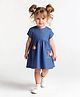Bonfino 100% Cotton Knit Half Sleeves Denim Dress With Floral Embroidery & Applique - Blue