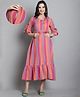 Moms Maternity Cotton Half Bell Sleeves Striped Maternity Maxi Dress With Zipper Nursing Access - Pink