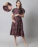 Moms Maternity Half Bell Sleeves Floral Printed Maternity Dress With Nursing Access - Navy Blue